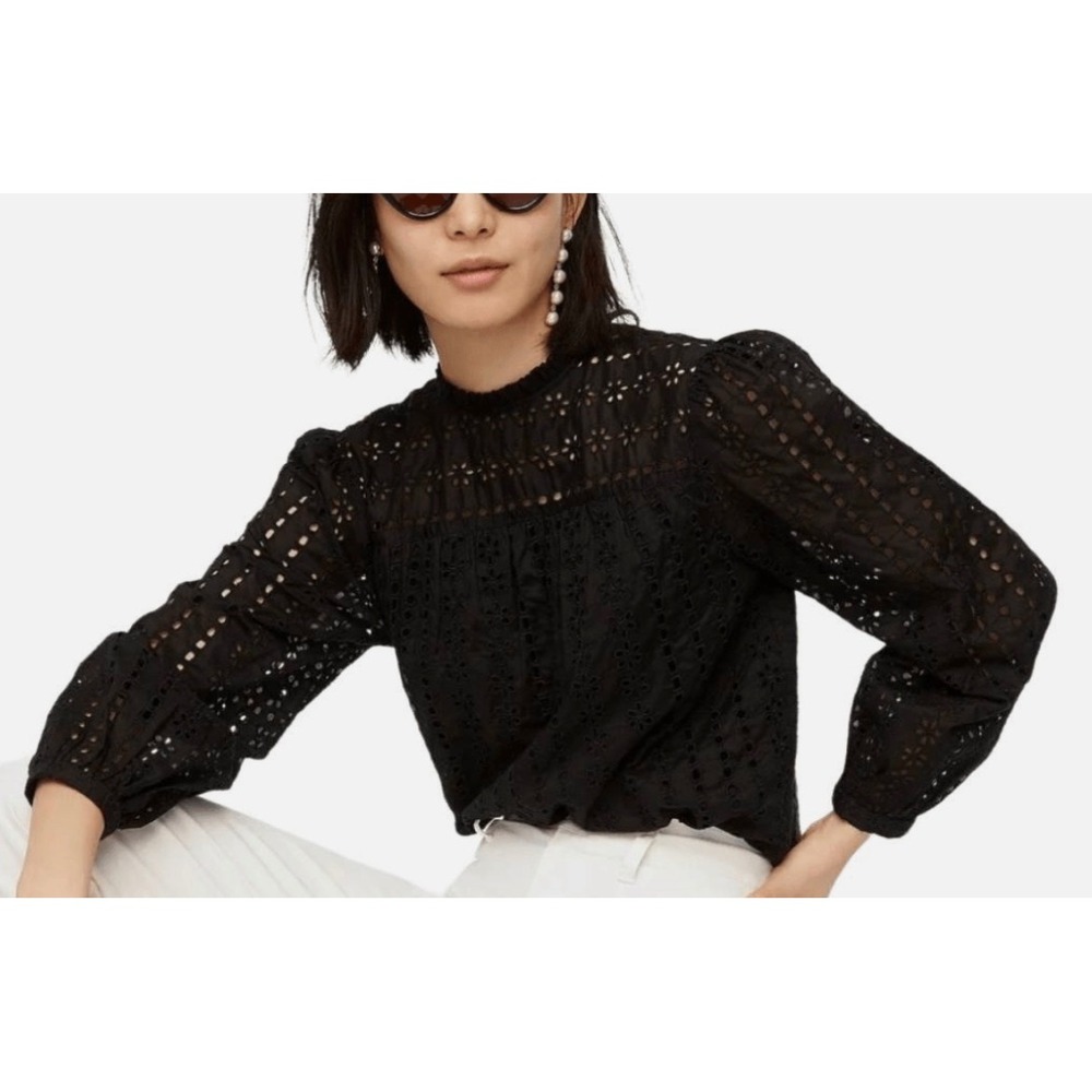 J.Crew Womens Black Eyelet Mock Neck Long Sleeve Tie Back Blouse Small